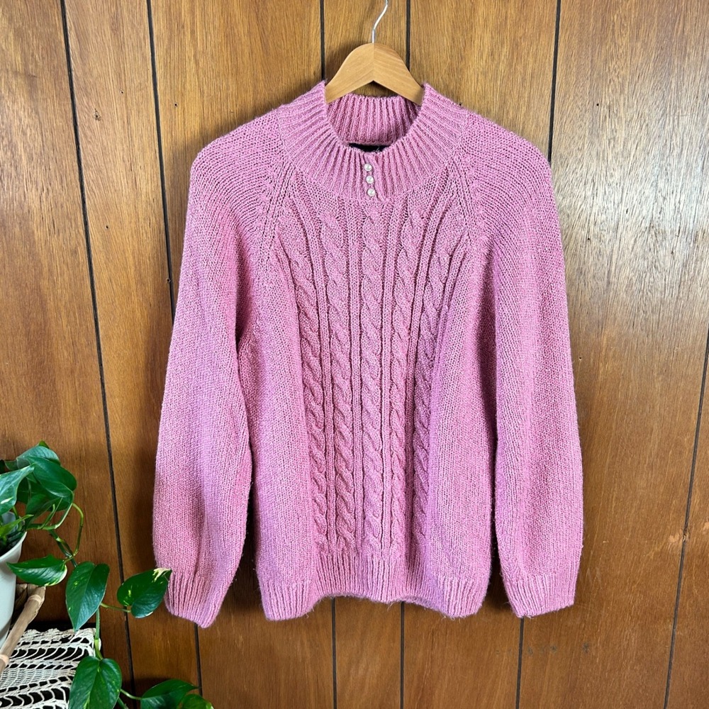 Vintage Style Pink Cable‎ Knit Mock Neck Sweater Pearl Button Detail Grandmacore